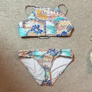 O'Neill Girls' Aqua, Coral & Blue Floral Geo High-Neck Bikini Set